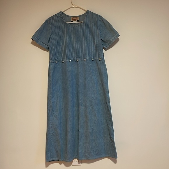 VTG Cottagecore Dress Denim Maxi 14 Blue Sleeve Jean 90s Granny Hippie Feminine - Picture 1 of 16